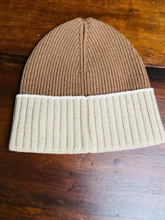 LOEWE Two-Tone Ribbed Wool Beanie Hat Brown Cream Anagram Logo Made in Italy main image 8
